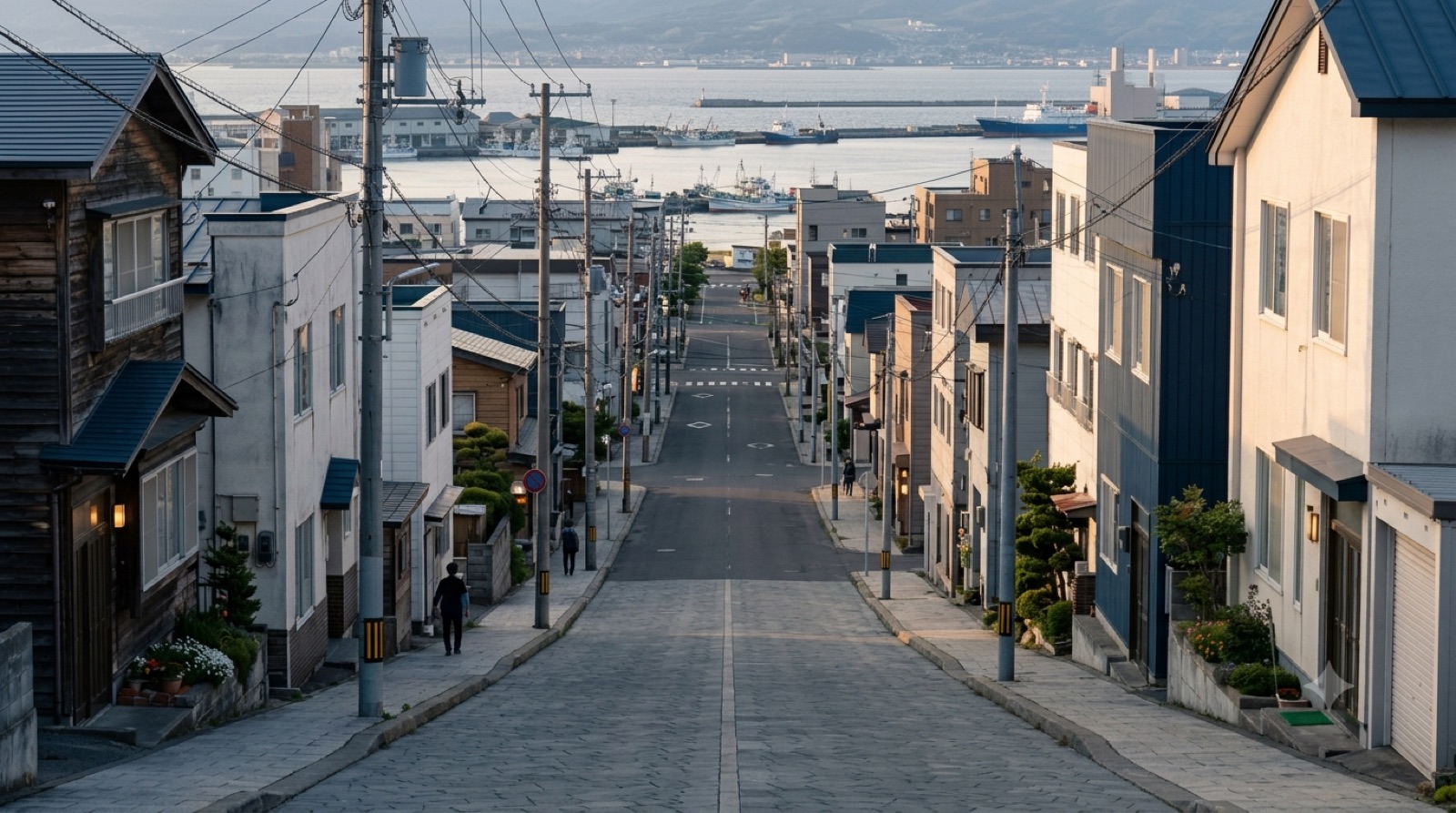 海が見える港町の坂道